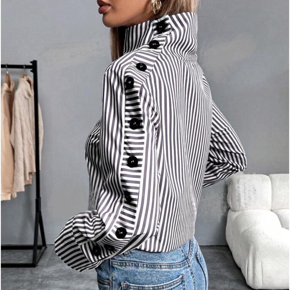 Blue & White Striped Button-Trim High Neck Shirt - Picture 3 of 6